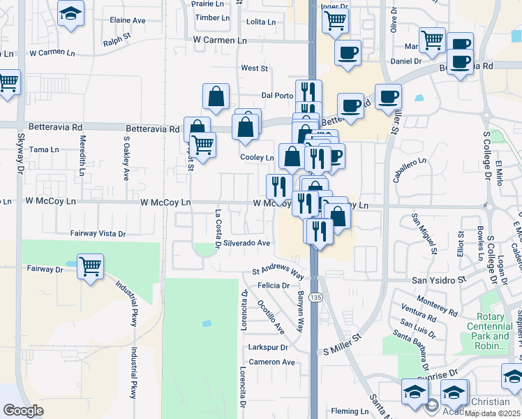 map of restaurants, bars, coffee shops, grocery stores, and more near 2403 Country Lane in Santa Maria