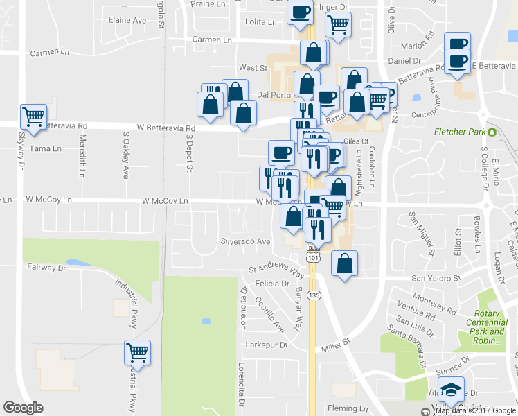 map of restaurants, bars, coffee shops, grocery stores, and more near 2403 Country Lane in Santa Maria