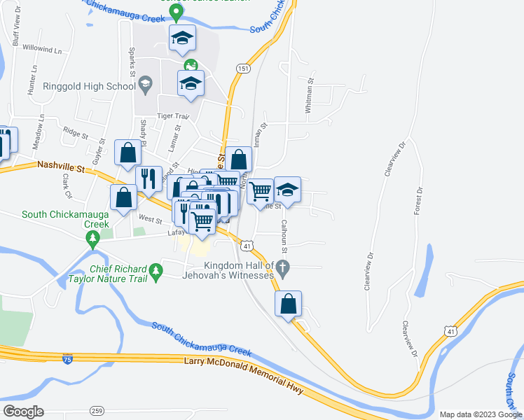 map of restaurants, bars, coffee shops, grocery stores, and more near 5207 Evitt Street in Ringgold