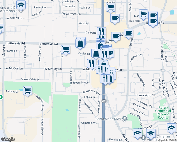 map of restaurants, bars, coffee shops, grocery stores, and more near 2384 Professional Parkway in Santa Maria