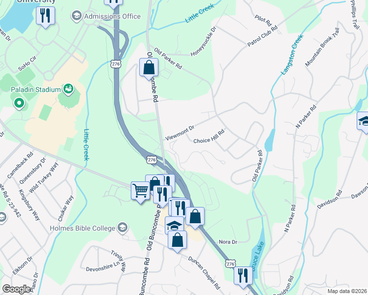 map of restaurants, bars, coffee shops, grocery stores, and more near 106 Choice Hill Road in Greenville