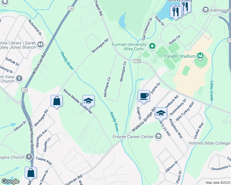 map of restaurants, bars, coffee shops, grocery stores, and more near 57 Montague Circle in Greenville