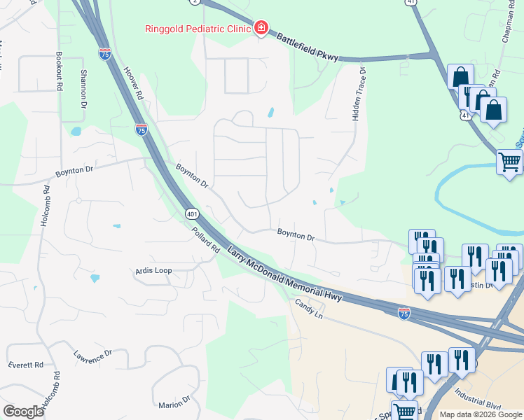 map of restaurants, bars, coffee shops, grocery stores, and more near 224 Running Oak Drive in Ringgold