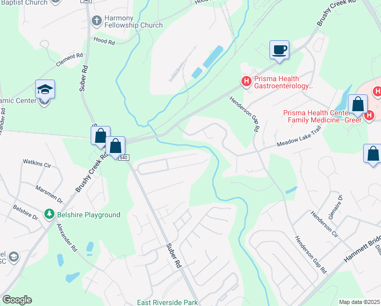 map of restaurants, bars, coffee shops, grocery stores, and more near 121 Valley Glen Court in Greer