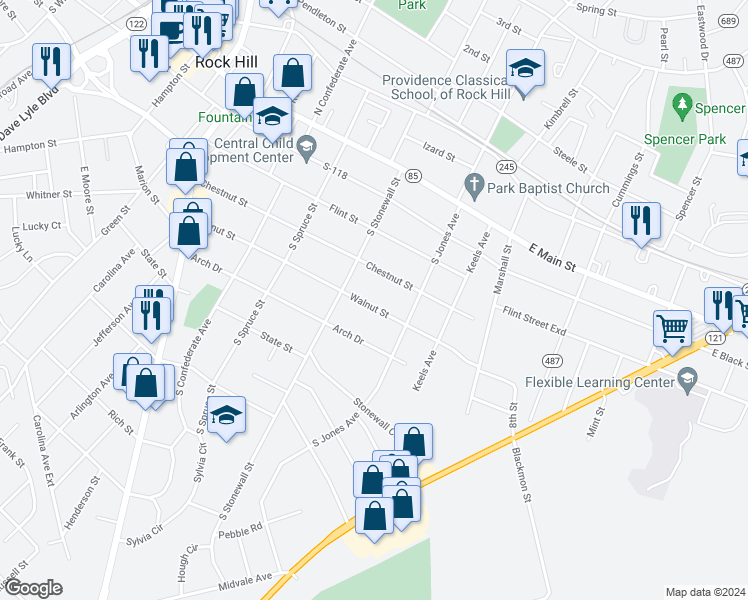 map of restaurants, bars, coffee shops, grocery stores, and more near 635 Walnut Street in Rock Hill