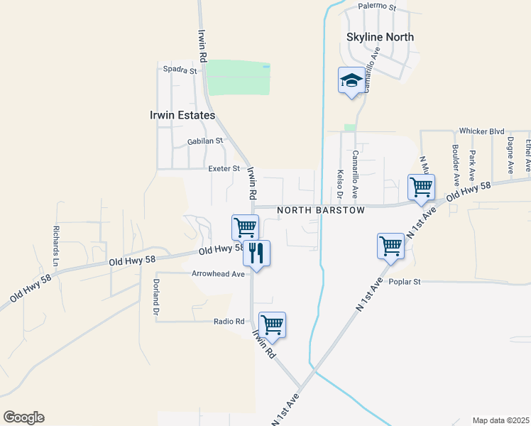 map of restaurants, bars, coffee shops, grocery stores, and more near 36718 Clemens Avenue in Barstow