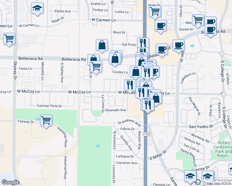map of restaurants, bars, coffee shops, grocery stores, and more near 293 West McCoy Lane in Santa Maria