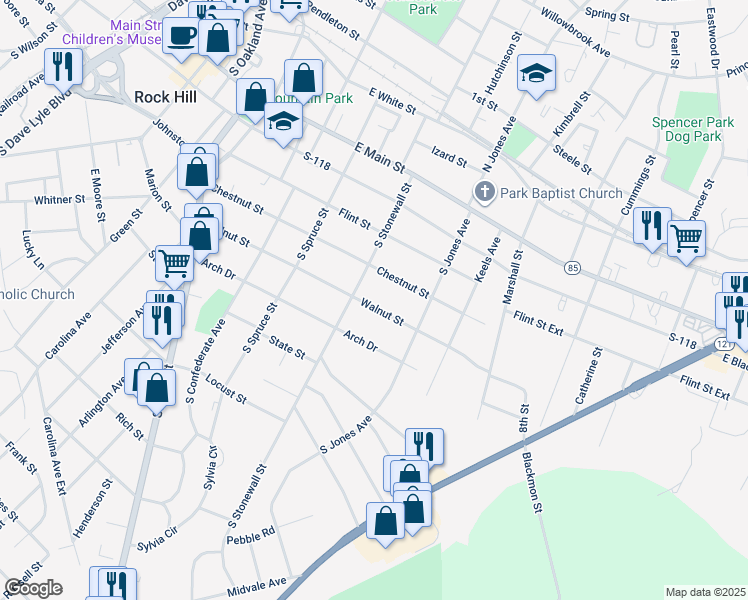 map of restaurants, bars, coffee shops, grocery stores, and more near 419 South Stonewall Street in Rock Hill