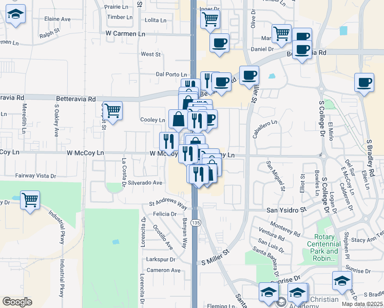 map of restaurants, bars, coffee shops, grocery stores, and more near South Broadway & McCoy Lane in Santa Maria