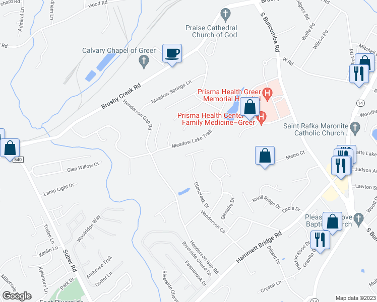 map of restaurants, bars, coffee shops, grocery stores, and more near 202 Glenrise Court in Greer