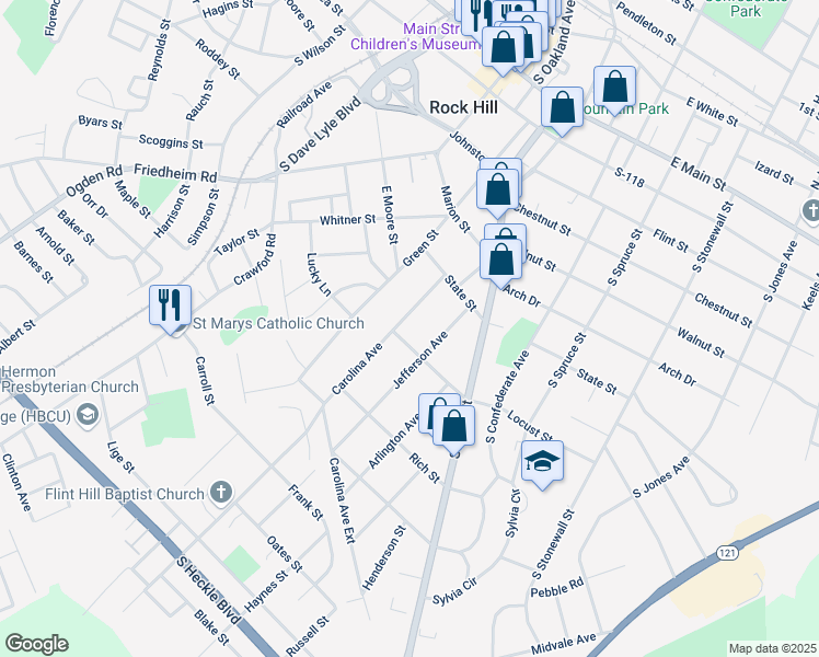 map of restaurants, bars, coffee shops, grocery stores, and more near 743 Carolina Avenue in Rock Hill