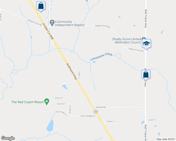 map of restaurants, bars, coffee shops, grocery stores, and more near 214 Shady Hill Circle in Toney