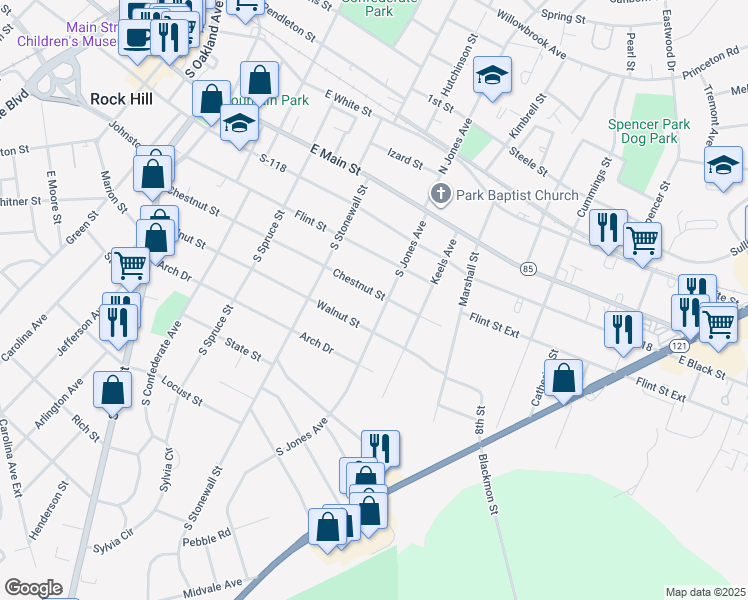 map of restaurants, bars, coffee shops, grocery stores, and more near 642 Chestnut Street in Rock Hill