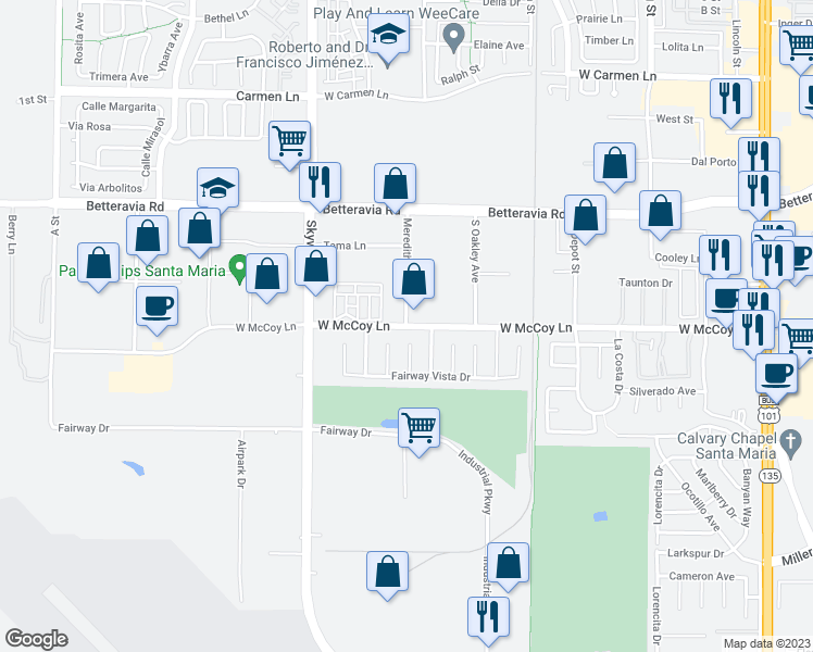 map of restaurants, bars, coffee shops, grocery stores, and more near West McCoy Lane in Santa Maria