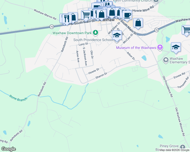 map of restaurants, bars, coffee shops, grocery stores, and more near 1109 Sharon Drive in Waxhaw