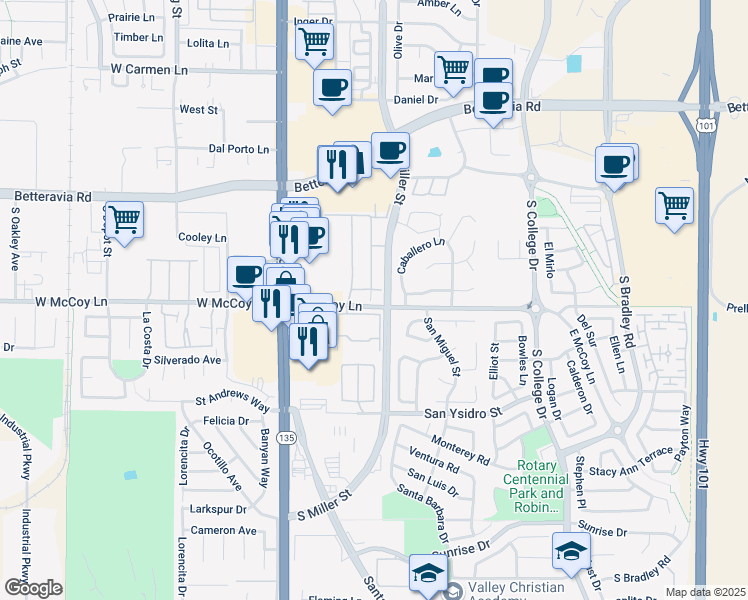 map of restaurants, bars, coffee shops, grocery stores, and more near 336 Alcazar Drive in Santa Maria