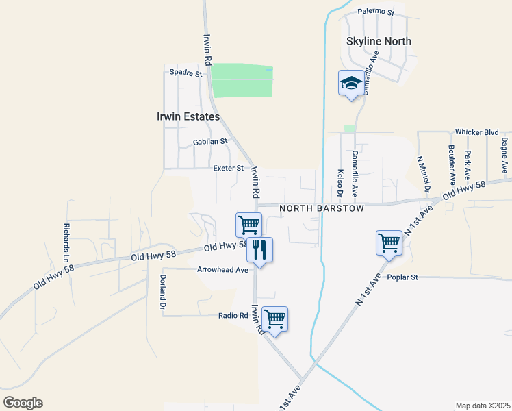 map of restaurants, bars, coffee shops, grocery stores, and more near 2 Old Highway 58 in Barstow