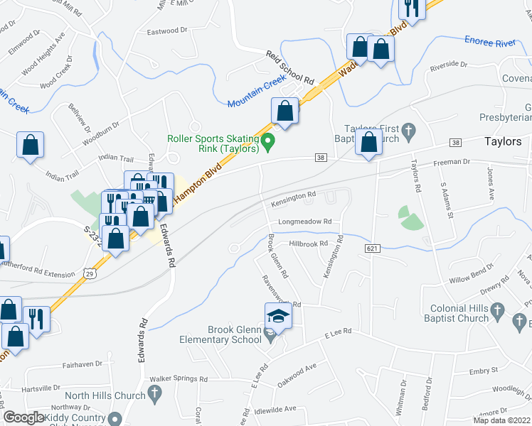 map of restaurants, bars, coffee shops, grocery stores, and more near 300 Brook Glen Road in Taylors