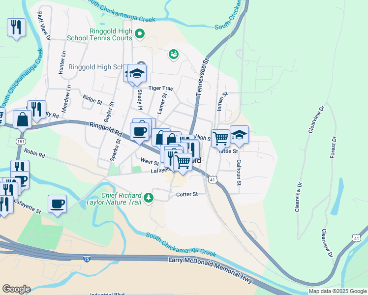 map of restaurants, bars, coffee shops, grocery stores, and more near 124 Mountain Street in Ringgold