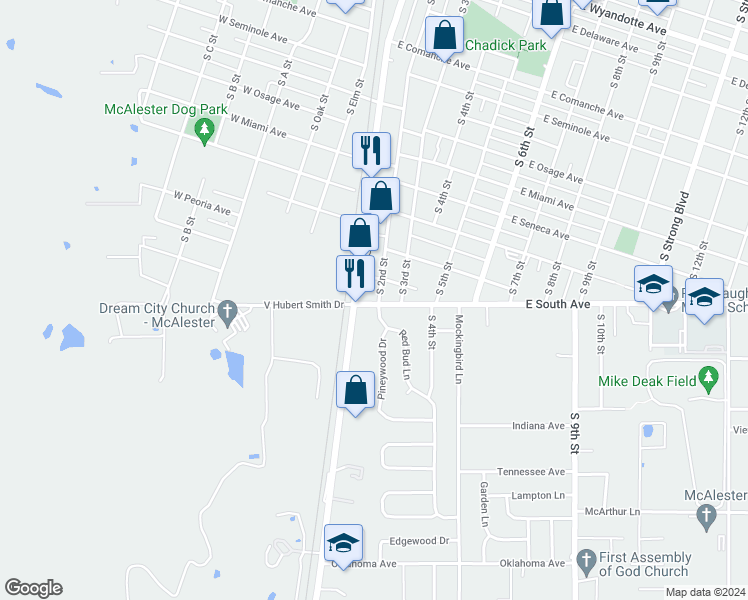 map of restaurants, bars, coffee shops, grocery stores, and more near 1415 South 2nd Street in McAlester