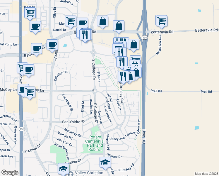 map of restaurants, bars, coffee shops, grocery stores, and more near 712 La Gracia in Santa Maria