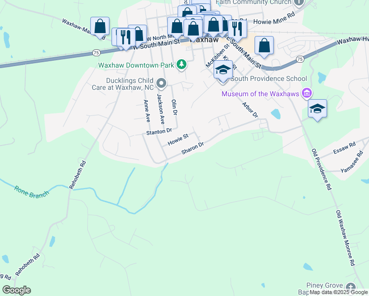 map of restaurants, bars, coffee shops, grocery stores, and more near 1109 Sharon Drive in Waxhaw