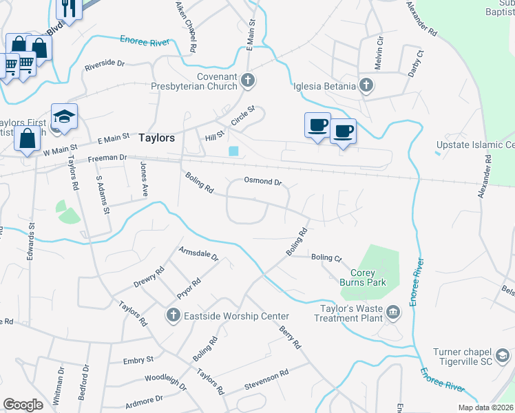 map of restaurants, bars, coffee shops, grocery stores, and more near 314 Boling Road in Taylors