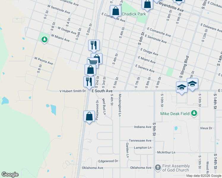 map of restaurants, bars, coffee shops, grocery stores, and more near 1401 South 5th Street in McAlester