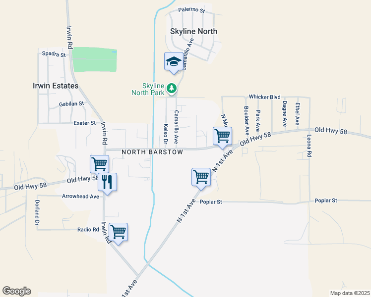 map of restaurants, bars, coffee shops, grocery stores, and more near 801 Old Highway 58 in Barstow