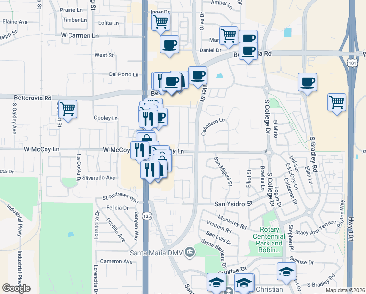 map of restaurants, bars, coffee shops, grocery stores, and more near 308 Alcazar Drive in Santa Maria