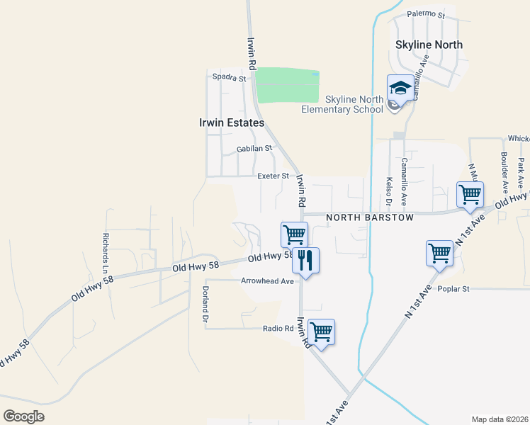 map of restaurants, bars, coffee shops, grocery stores, and more near 36709 Colby Avenue in Barstow