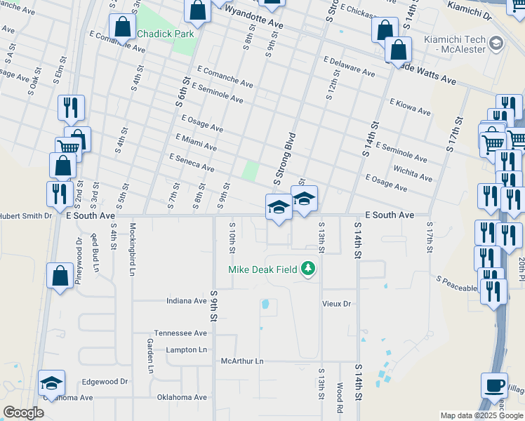 map of restaurants, bars, coffee shops, grocery stores, and more near 1008 East Creek Avenue in McAlester