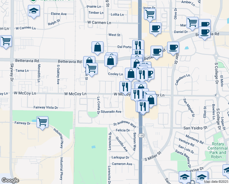 map of restaurants, bars, coffee shops, grocery stores, and more near 293 West McCoy Lane in Santa Maria
