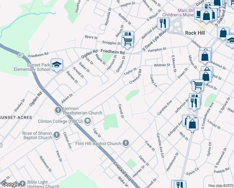 map of restaurants, bars, coffee shops, grocery stores, and more near 835 Crawford Road in Rock Hill