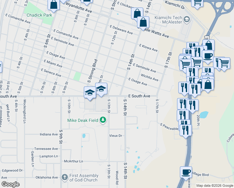map of restaurants, bars, coffee shops, grocery stores, and more near 1315 East South Avenue in McAlester