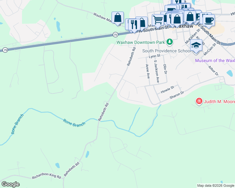 map of restaurants, bars, coffee shops, grocery stores, and more near 4616 Waterbell Lane in Waxhaw