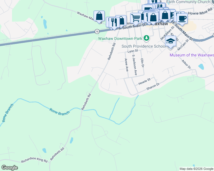 map of restaurants, bars, coffee shops, grocery stores, and more near 9303 Brookhill Court in Waxhaw