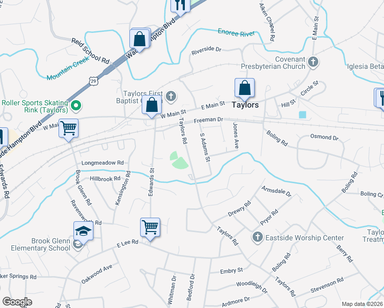 map of restaurants, bars, coffee shops, grocery stores, and more near 115 Taylors Road in Taylors