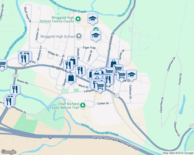 map of restaurants, bars, coffee shops, grocery stores, and more near 124 Mountain Street in Ringgold