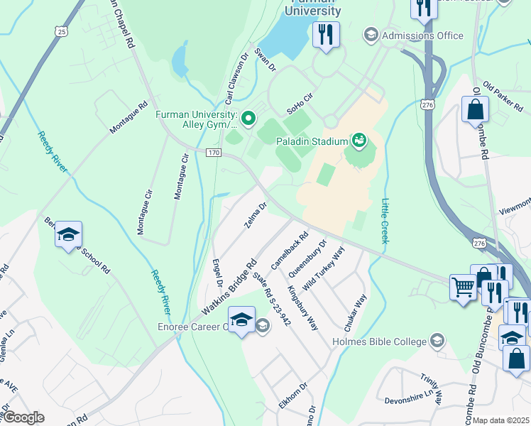 map of restaurants, bars, coffee shops, grocery stores, and more near 3 Zelma Drive in Greenville