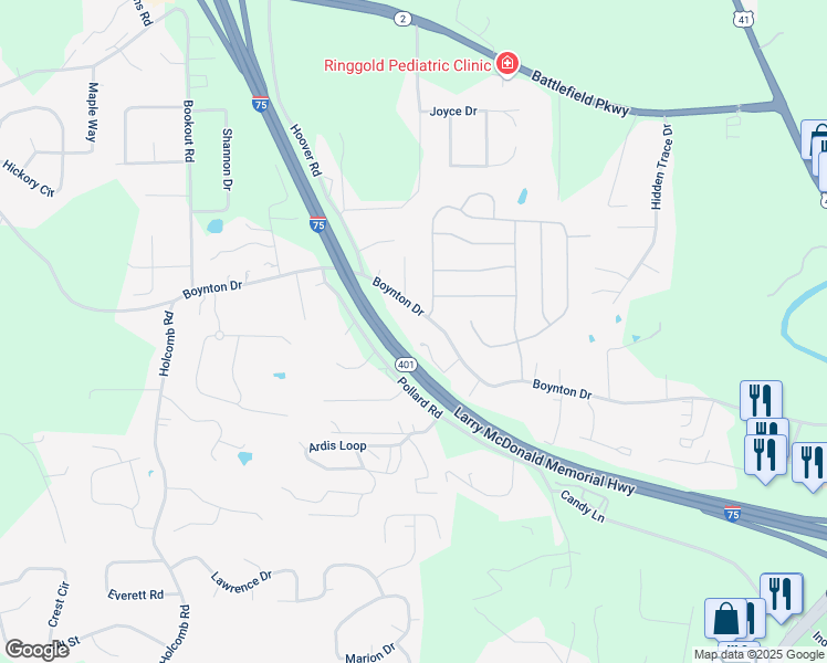 map of restaurants, bars, coffee shops, grocery stores, and more near 1209 Boynton Drive in Ringgold
