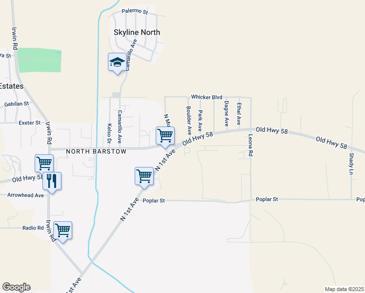 map of restaurants, bars, coffee shops, grocery stores, and more near 29867 Old Highway 58 in Barstow