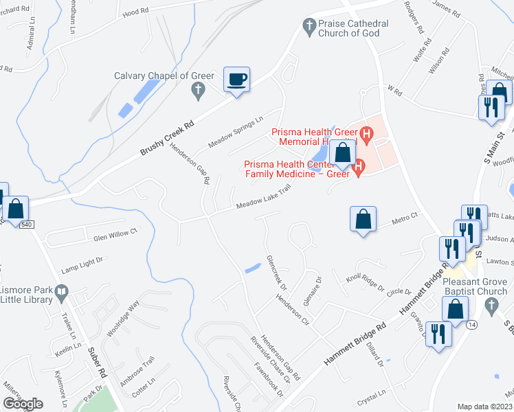 map of restaurants, bars, coffee shops, grocery stores, and more near 208 Meadow Lake Trail in Greer