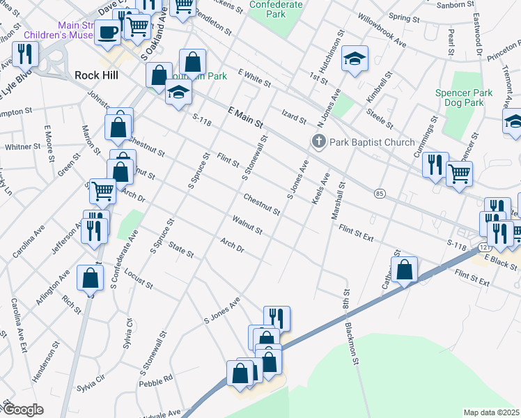map of restaurants, bars, coffee shops, grocery stores, and more near 642 Chestnut Street in Rock Hill