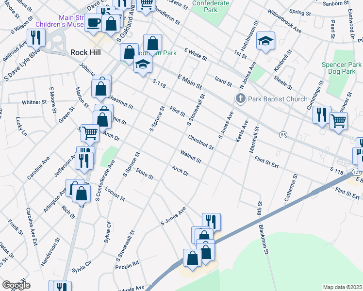 map of restaurants, bars, coffee shops, grocery stores, and more near 419 South Stonewall Street in Rock Hill