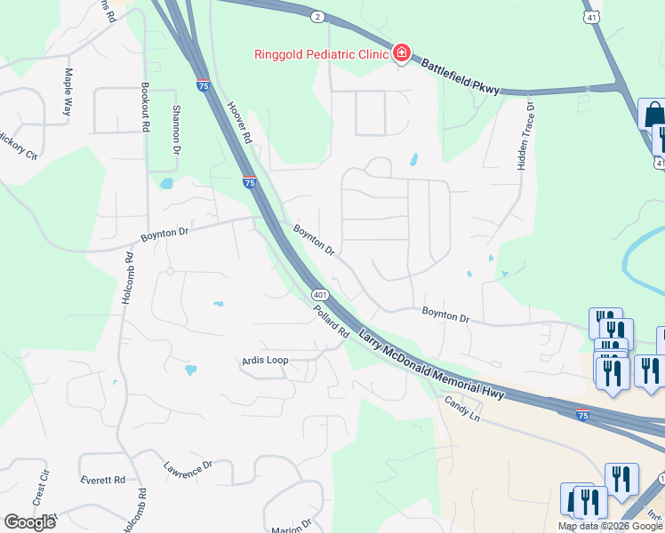 map of restaurants, bars, coffee shops, grocery stores, and more near 1209 Boynton Drive in Ringgold