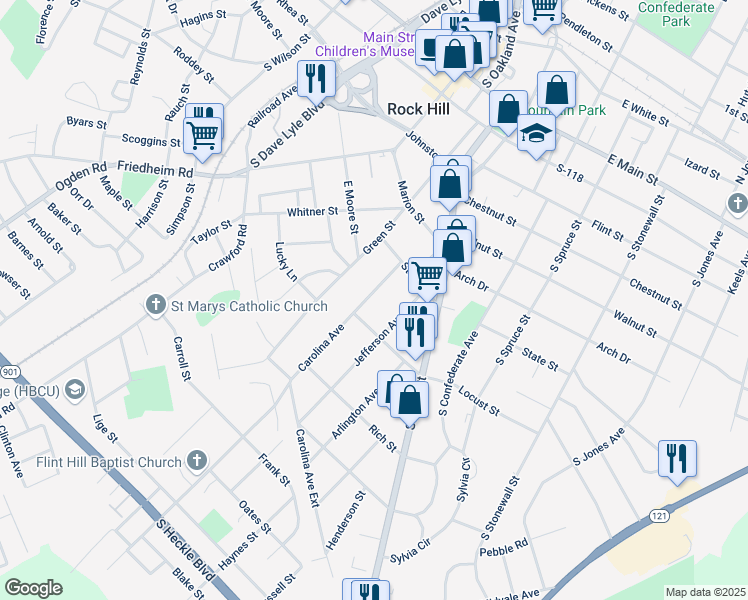 map of restaurants, bars, coffee shops, grocery stores, and more near 743 Carolina Avenue in Rock Hill