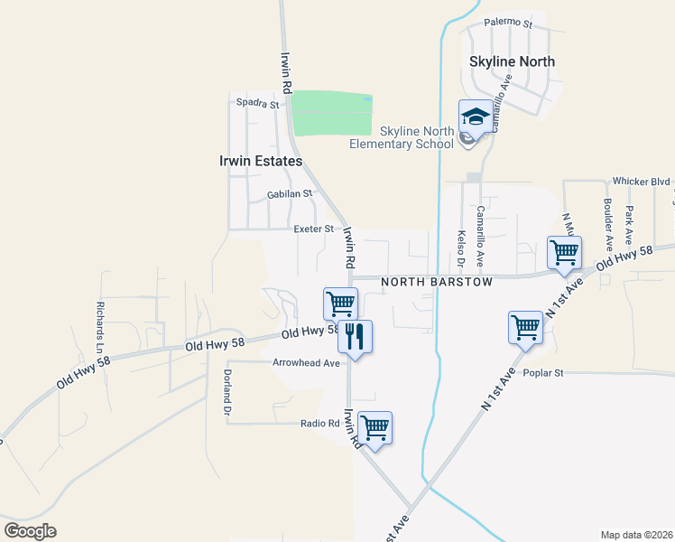 map of restaurants, bars, coffee shops, grocery stores, and more near 36708 Irwin Road in Barstow
