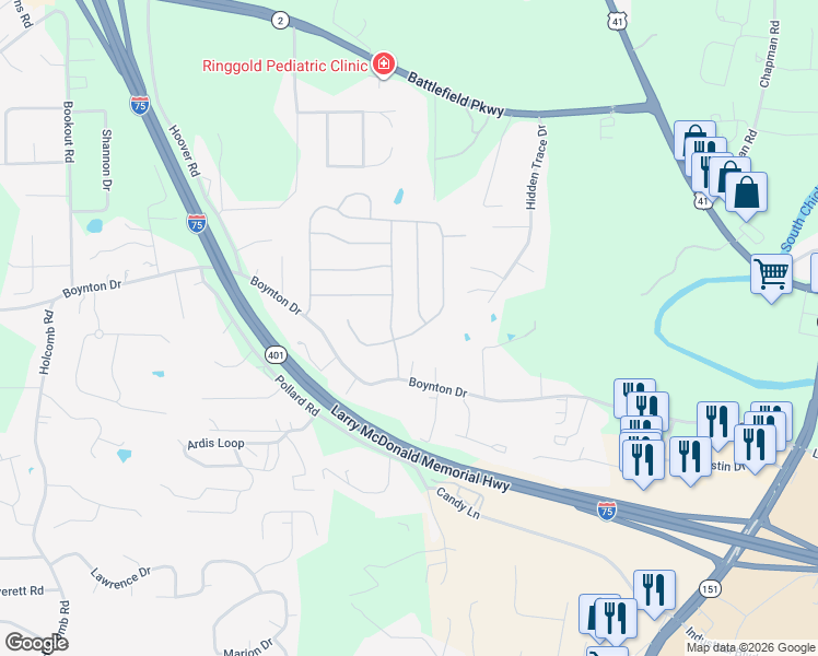 map of restaurants, bars, coffee shops, grocery stores, and more near 744 Live Oak Road in Ringgold