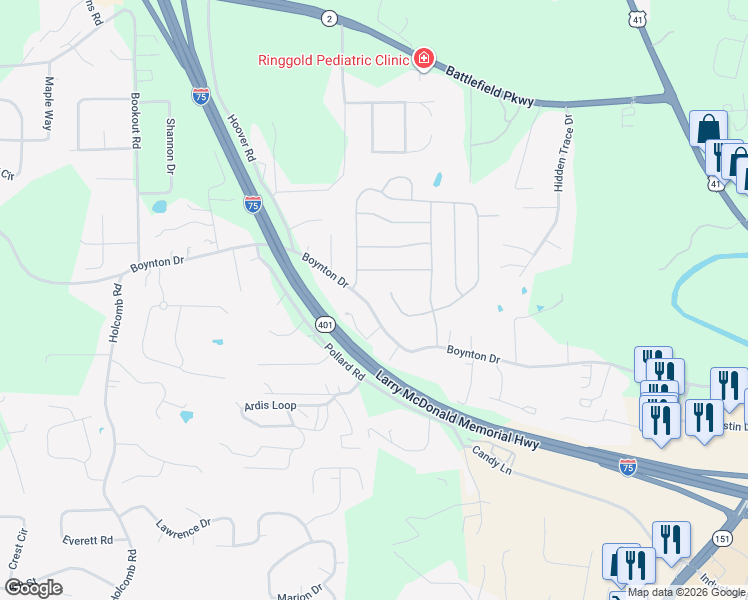 map of restaurants, bars, coffee shops, grocery stores, and more near 1162 Boynton Drive in Ringgold
